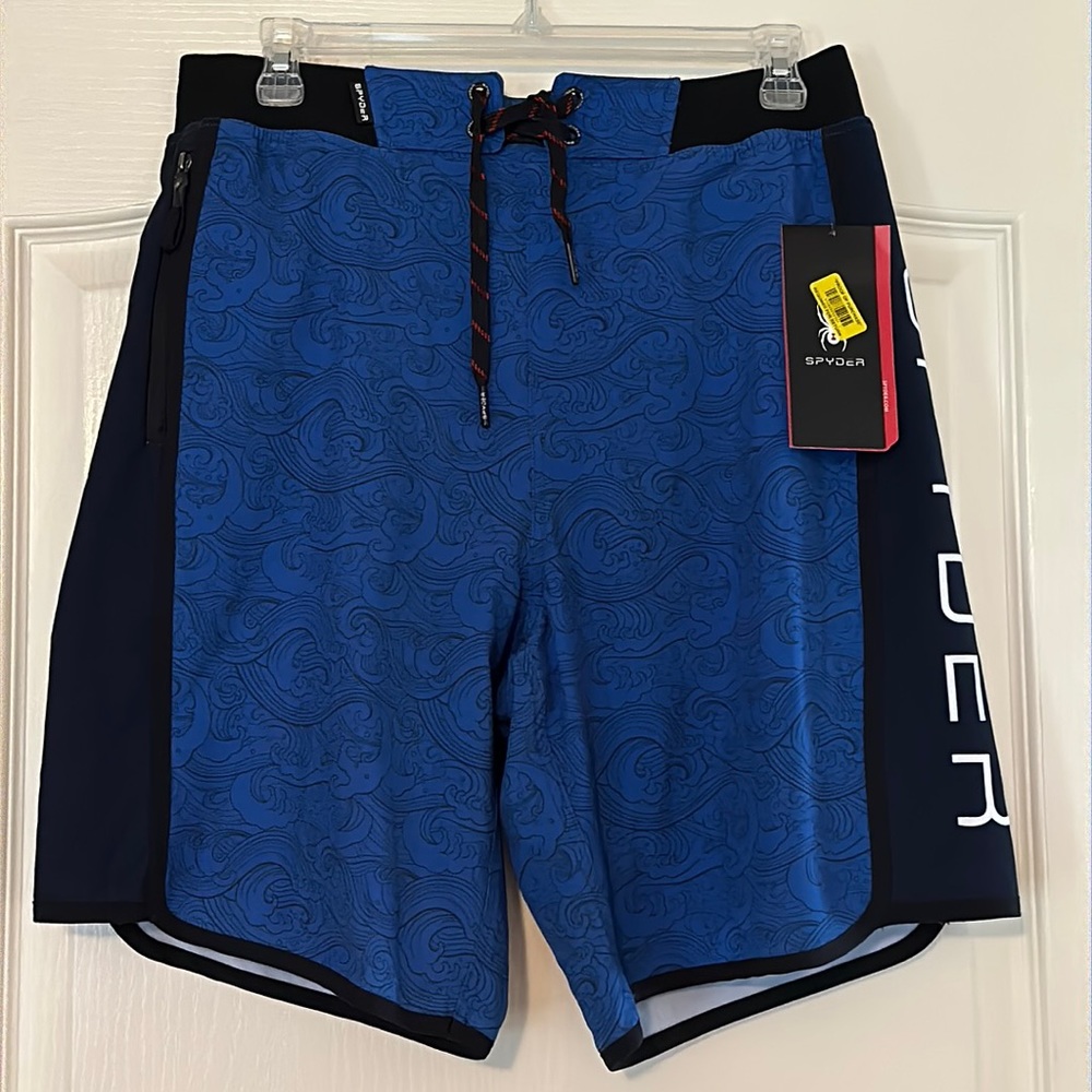 Men’s Spyder NWT Swim Trunks size M with drawstring blue Japanese wave print